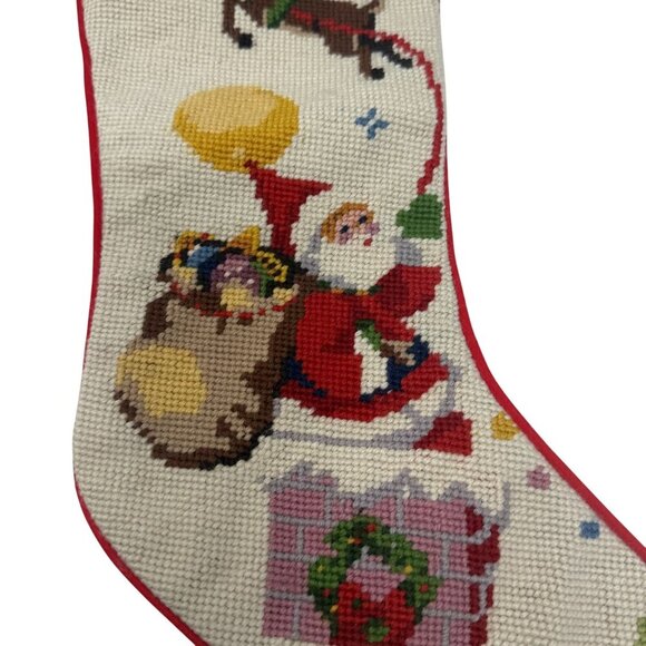 Vintage Embroidered Wool Christmas Stocking Santa Chimney Reindeer Moon - Picture 2 of 6